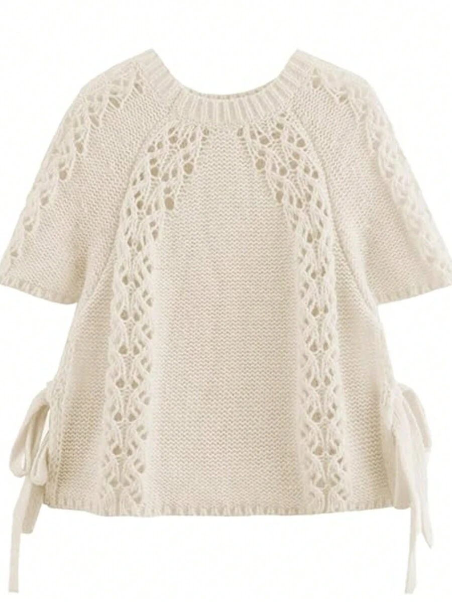 Suéter de manga corta con cuello redondo y cordones para mujer, tops de crochet, camisetas holgadas - Beis - Ver 1
