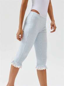 Women Capri Pants Plaid Lace Ruffles Hem Summer Casual Cropped Pants Stretch Crop Leggings - 藍色 - 查看 2