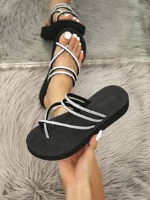 Women's Summer Black Slide Sandals, Flat Open Toe Slippers - Black - View 1