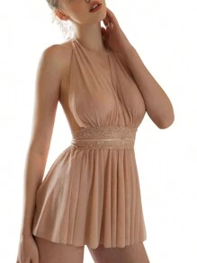 Women Halter Lingerie Dress, Deep V Neck Sheer Mesh Babydoll Backless Chemise Nightwear - Baby Pink - View 1