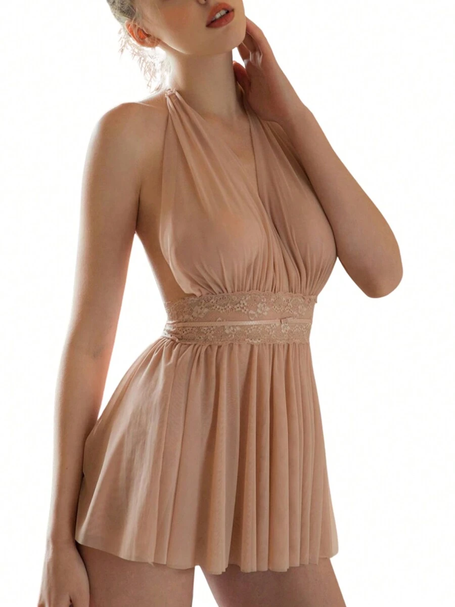 Women Halter Lingerie Dress, Deep V Neck Sheer Mesh Babydoll Backless Chemise Nightwear - Baby Pink - View 1