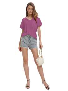 Casual Women's Short Sleeve V-Neck Loose T-Shirts Summer Casual Tops - Màu tím - Xem 5