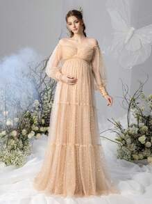 Faeriesty Dressalisa Schwangerschafts Kleid mit Puffärmeln, Off-Shoulder Ausschnitt, Pailletten und Tüll für Partys und Fotoshootings