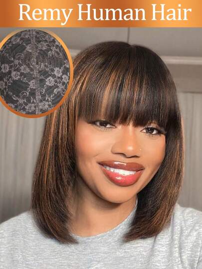 Menschliches Haar Perücke mit farbigen Strähnen, gerade geschnittenes Bobhaarschnitt, mit atmungsaktivem Pony, klebefrei, Vollhaarperücke, 150 Dichte, einfach anzuziehende Perücke für Frauen