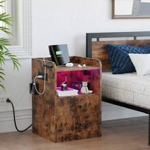 Nightstand With Charging Station & USB Ports & LED, Bedside Table With 2 Drawers And Open Shelf, Adjustable Light, Vintage Brown