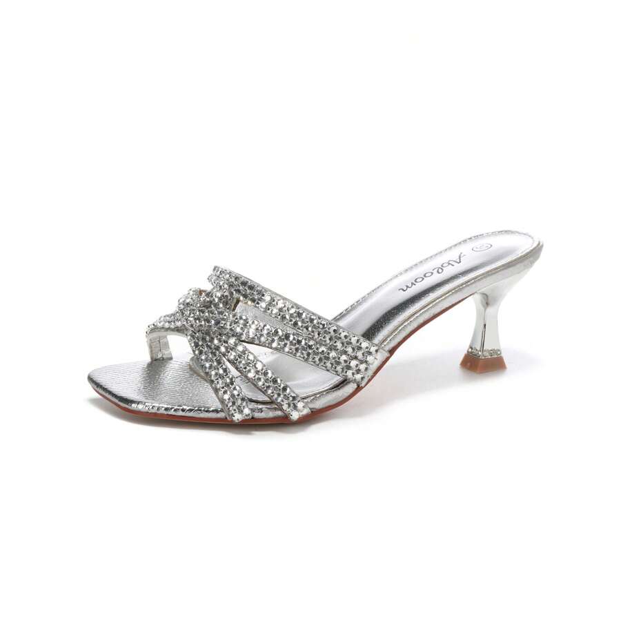 女士水钻装饰优雅奢华高跟鞋，夏季休闲日常穿着时尚凉鞋女士夏季凉鞋 - 銀色 - 查看 1