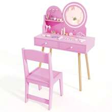Laicejoy Laicejoy Kids Vanity Set, Dressing Table With Chair, 2-Color Front Lit Mirror, 2 Drawers, Open Storage Shelve, 3 Hooks