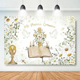 1 件涤纶第一圣会装饰横幅，上帝保佑浸信会悬挂背景，质朴的木质白色蕾丝丝带和十字架设计，无需电力，适用于圣诞节仪式和新生儿洗礼摄影装饰