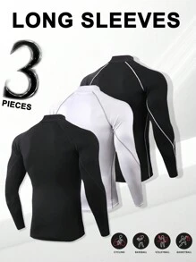 3pcs High Neck Patchwork Sports Outdoor Training Long Sleeve Base Layer, Plain Color Fitness Running Basketball Casual Sweatshirt - Multicolor - View 2