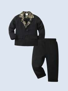 BOARNSEORL 两件套男童绅士西装套装：带蝴蝶结的西装外套和西裤，时尚百搭，适合生日派对、婚礼、周年纪念日、圣诞节等场合。 - 黑色 - 查看 5
