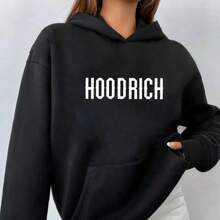 1pc Hoodrich Graphic Print Long Sleeve Hoodie, Casual Polyester Pullover With Slight Stretch, All-Season Knit Fabric Hooded Sweatshirt With Pocket - Black - View 1