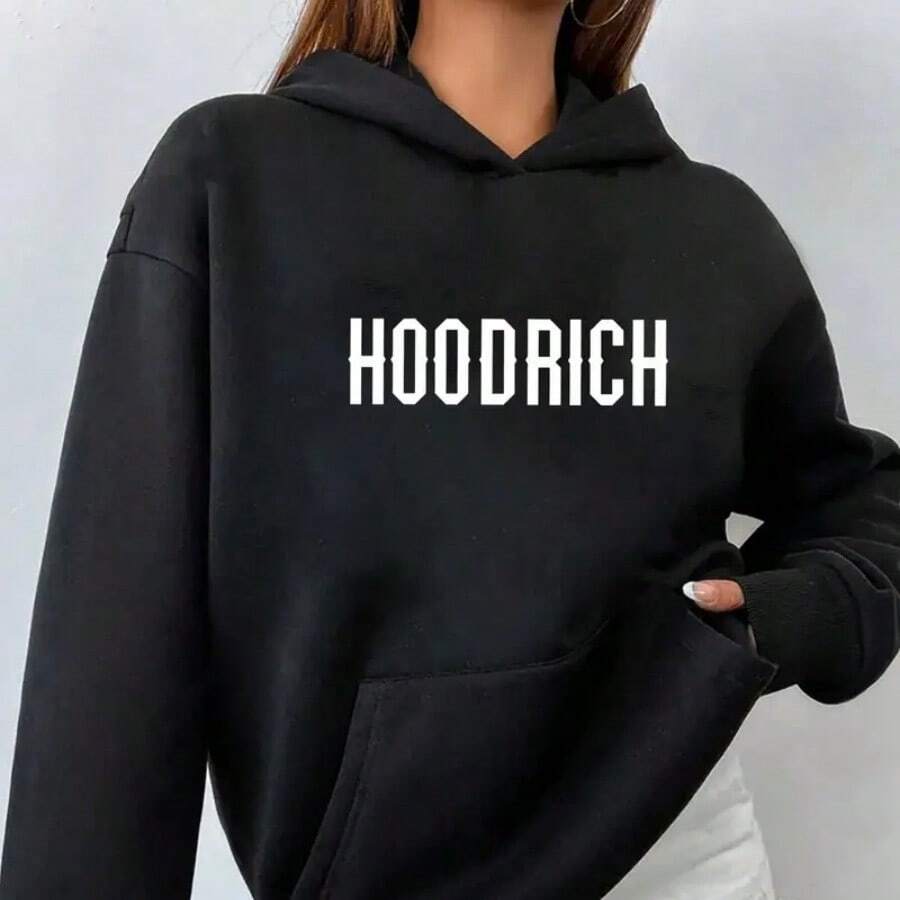 1pc Hoodrich Graphic Print Long Sleeve Hoodie, Casual Polyester Pullover With Slight Stretch, All-Season Knit Fabric Hooded Sweatshirt With Pocket - Black - View 1