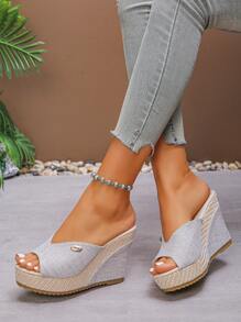 女士纯色亚麻鞋底坡跟凉鞋，休闲露趾厚底鞋，时尚一脚蹬平底鞋