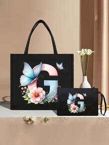 Color Gradient Butterfly Flower Letter A-Z Pattern Tote And Cosmetic Bag Set, Casual Style, Fabric Structure - Black - View 41