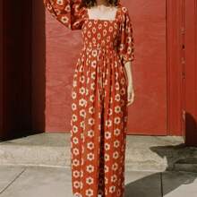 Women Puffed Sleeve Dress Casual Summer Plaid/Floral Print Square Neck Party A-Line Dress For Beach Cocktail Streetwear - Đỏ - Xem 3