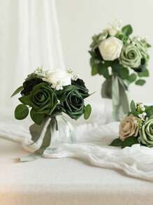 25 Peças Rosas Artificiais, Conjunto de Rosas Artificiais Verde Floresta em Gradiente - Conjunto de Buquê de Casamento DIY, Adequado para Casamento, Bolo, Decoração de Mesa de Festa