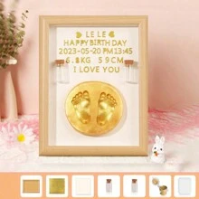 一个带相框的婴儿手印和脚印粘土套件，新生儿手印和脚印纪念品，婴儿送礼会礼物婴儿送礼会家庭装饰礼物婴儿送礼会复活节礼物，适合女孩/男孩 - 原木色 - 查看 9