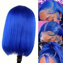 Short Bob Blue Colored 13X4 Lace Part Transparent Lace Peruvian Virgin Hair Wig For Women Really Human Wig Straight Wig For Women Halloween Costumes