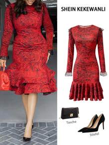 Keke Bloomly 优雅几何印花长袖修身连衣裙 - 弹力涤纶和氨纶混纺面料，可机洗 - 适合春秋季穿着 - 紅色 - 查看 3