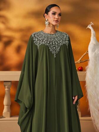 AmazingHoney Elegant blå chiffongkaftan med silverutsmyckningar och långa ärmar, abayaklänning, festabaya, formell klänning (överdimensionerad passform – vänligen kontrollera storlekstabellen), modest