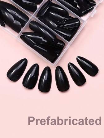 120 piezas de uñas postizas negras en forma de almendra de cobertura completa, uñas acrílicas falsas para niñas jóvenes, suministros de uñas acrílicas de unicolor en forma de almendra, set de uñas en caja de regalo, uñas prefabricadas creativas para salón o manualidades DIY
