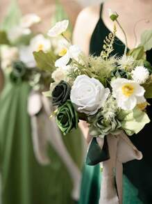 25 Peças Rosas Artificiais, Conjunto de Rosas Artificiais Verde Floresta em Gradiente - Conjunto de Buquê de Casamento DIY, Adequado para Casamento, Bolo, Decoração de Mesa de Festa