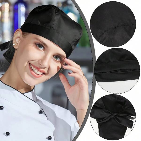 1 Stück/Set Koch-Mützen, verstellbares langes Band Service-Kappen, Restaurant Kochkappen, hochaufragende Küchenhüte für Gastronomie, schwarze Polyester Webware mit Zugverschluss, leicht dehnbar, Kochkappen