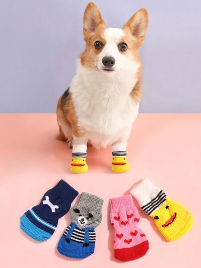 4 Pairs Cute Pet Socks, Includes: Duck Socks, Anti-Slip Dog Socks, Dog Shoes, Dog Paw Protectors, Comfortable & Warm Pet Supplies