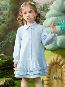 ASK JUNIOR Young Girls Big Wave Ruffle Edge Breathable Shirt Dress, Princess Dress For Spring - Blue - View 6