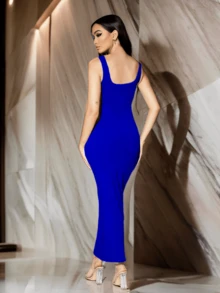 Women's Square Neck Fitted Long Dress - Blue - View 3