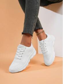 Women's Outdoor Casual Lightweight White Solid Color Breathable Non-Slip Athletic Running Shoes, Suitable For Spring/Autumn