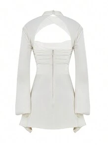 Women's Slim Dress, Flare Long Sleeve Hollow Out Backless Solid Color Ruched Skinny Mini Dresses