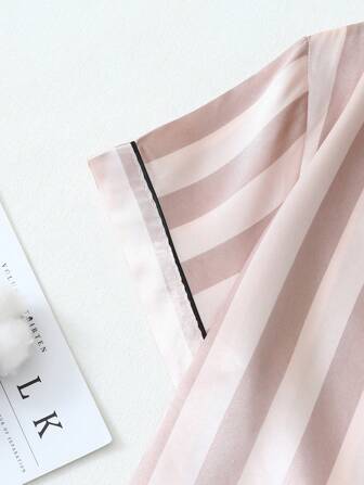 2pcs Satin Striped Pajama Set, Short Sleeve Lapel Buttoned Shirt And Bowknot Pants, Suitable For Home Wear, Two Pieces Set