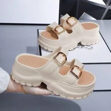 2025 夏季时尚女士厚底拖鞋，韩版百搭沙滩一脚蹬拖鞋 - 卡其色 - 查看 3