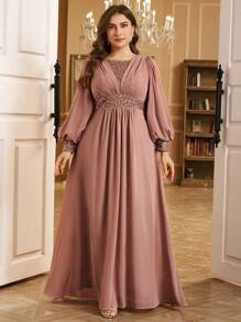 SUPGIR 大码圆领灯笼袖连衣裙，正面褶裥亮片装饰，时尚连衣裙，派对礼服，婚礼宾客礼服，正式晚礼服，春季优雅粉色长裙 - 粉色 - 查看 1