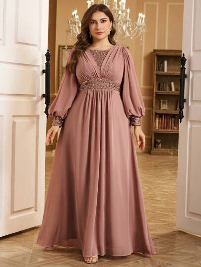 SUPGIR 大码圆领灯笼袖连衣裙，正面褶裥亮片装饰，时尚连衣裙，派对礼服，婚礼宾客礼服，正式晚礼服，春季优雅粉色长裙