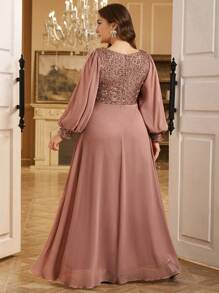 SUPGIR 大码圆领灯笼袖连衣裙，正面褶裥亮片装饰，时尚连衣裙，派对礼服，婚礼宾客礼服，正式晚礼服，春季优雅粉色长裙 - 粉色 - 查看 2