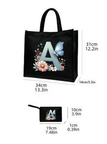 Color Gradient Butterfly Flower Letter A-Z Pattern Tote And Cosmetic Bag Set, Casual Style, Fabric Structure - Black - View 10