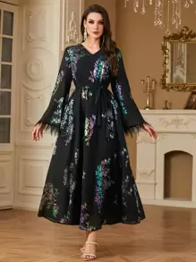 Arabic Women Black Feather Patchwork Dress - Black - View 1