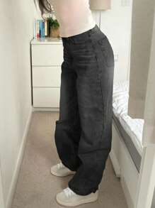 欧美新款流行四季简约基本款百搭宽松感女士直筒牛仔裤 - 深灰色 - 查看 3