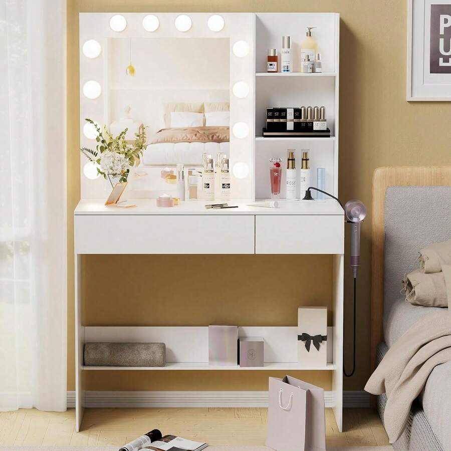 Dressing Table With Lighting, White Dressing Table With Mirror, Dressing Table With 2 Drawers And 3 Shelves, Mirror Dressing Table With Lighting, Modern Dressing Table, White