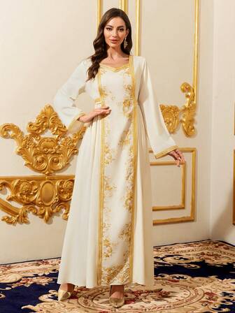 Dubai-Style Women Golden Braided Trim & Embroidered Long Sleeve Dress, Elegant Dignified Dress Suitable For Special Occasions
