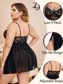 DITZN Plus Size Doll Shirt Women's One-Piece See-Through Erotic Sexy Lingerie Sheath Buckle Dress Open Gear Lace Pajamas Summer Breathable Nightgown (Free Thong) For Rave