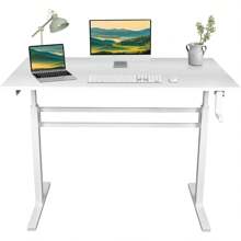 Manual Height Adjustable Standing Desk, 48 X 24 Inch Hand Crank Standing Desk With One-Piece Table Top, Sit Stand Up Rising Desk, Home Office Computer Workstation, White - 白框/白頂 - 查看 1