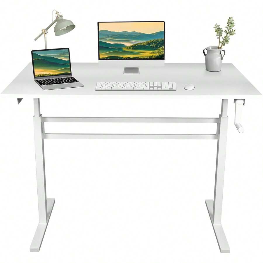 Manual Height Adjustable Standing Desk, 48 X 24 Inch Hand Crank Standing Desk With One-Piece Table Top, Sit Stand Up Rising Desk, Home Office Computer Workstation, White - 白框/白頂 - 查看 1