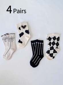 4 Pairs Black & White Ruffle Edge Princess Socks, Heart & Diamond Pattern Mid-Calf Socks, Suitable For Students To Pair With Casual Shoes, Loafers, And Sneakers