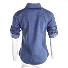 Denim Shirt Women Chambray Jean Western Shirts Long Sleeve Button Down Tops - 水鴨藍 - 查看 8