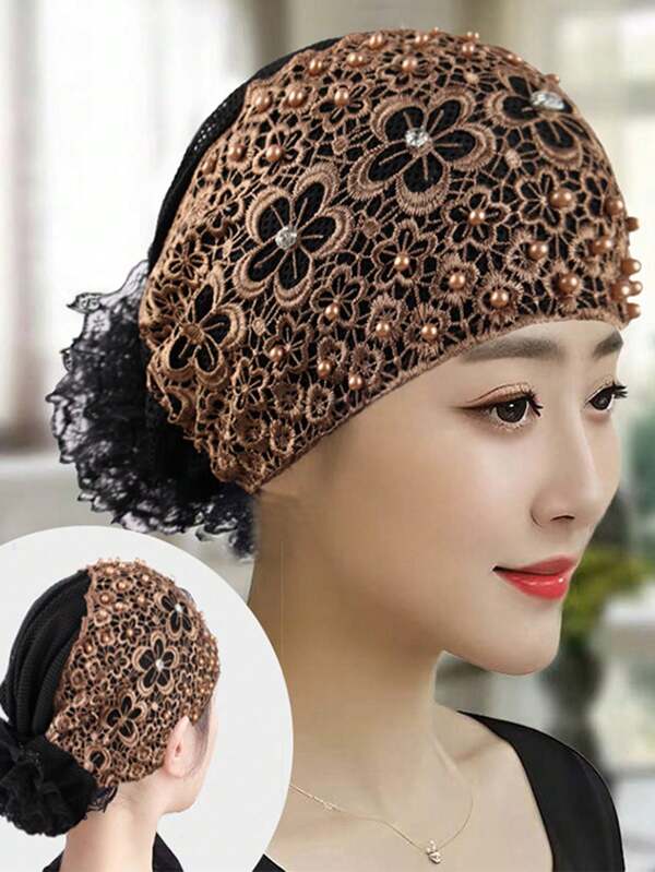 1pc,Jacquard Headscarf With Pearls, Hair Cap, Lightweight, Practical And Comfortable. The Headscarf Head Is Wrapped In Soft Lace Material, Making It A Gift Suitable For Women's Daily Use