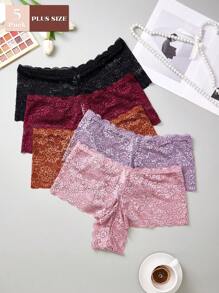 Paquete de 5 bragas tipo hipster de talla grande con encaje floral semitransparente para mujeres - Multicolor - Ver 3