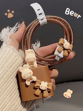5pcs 3D Rabbit Bow Cable Protector Compatible With Iphone14 Pro Max Charger Cord Winder, Compatible With Iphone 13/12/11 18/20W Fast Charging Adapter Organizer, Boyfriend/Girlfriend Gift Charger Protector